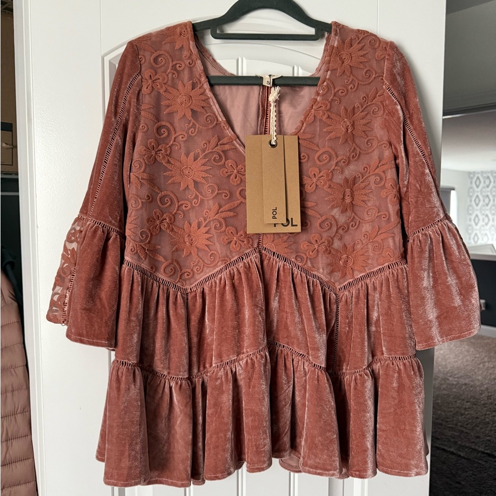 POL Rust Embroidered Blouse with Flare Sleeves